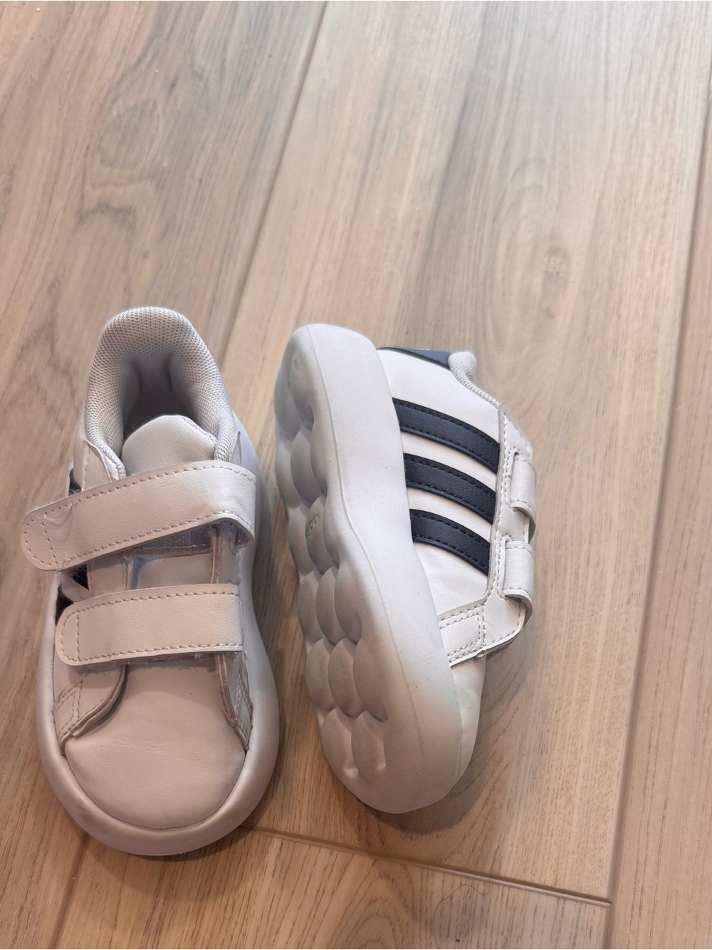 adidas Kids White Sneakers with Navy Stripes - Velcro Straps